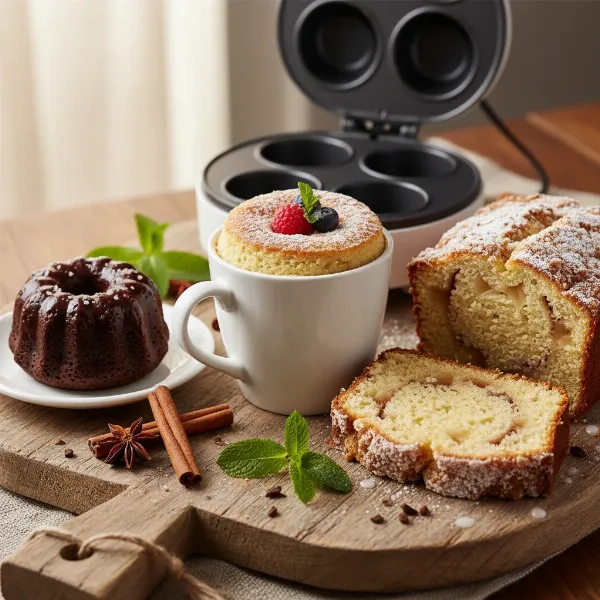 Assortment of delicious vegan cakes, including mug cakes and a loaf cake, made with an electric cake maker.