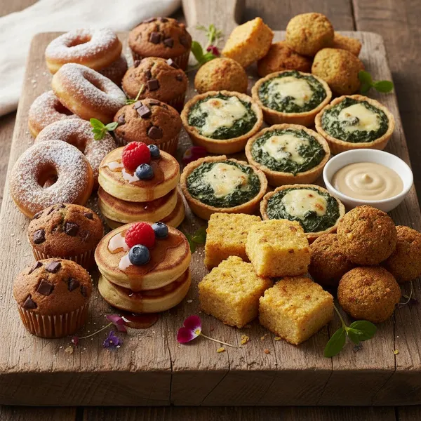 An assortment of sweet and savory mini treats made with a Geepas appliance.